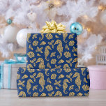 Beach Christmas Seahorse Pattern Gold Navy Blue  Wrapping Paper<br><div class="desc">This beautiful coastal Christmas wrapping paper features a nautical ocean pattern of gold glitter seahorses, seashells, and holly sprigs on a navy blue background, for a festive beach holiday design. If you would like this design on more products or other colorways, or for other design-related enquiries, please contact me through...</div>