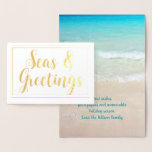 Beach Christmas Starfish Seas n Greetings Card<br><div class="desc">Seas and greetings gold foil Christmas cards. Folded cards are white on the front with gold or silver text and a line border. Inside, a tropical beach scene with turquoise water and little waves coming ashore is the background. A starfish and aqua blue ornament decorate the bottom where a custom...</div>
