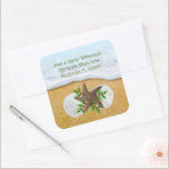 Beach Christmas Starfish Square Envelope Seals<br><div class="desc">Beach-themed Christmas return address envelope seals.  Starfish and sand dollar design and sandy beach background with printed,  green text for names and address.  Larger 3 inch label size shown with smaller stickers available.</div>