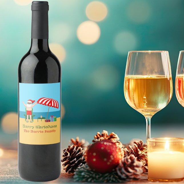 Beach Christmas Summer Santa Claus Custom Party Wine Label (Creator Uploaded)