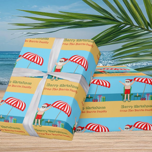 Beach Christmas Summer Santa Claus Cute Custom Wrapping Paper (Creator Uploaded)