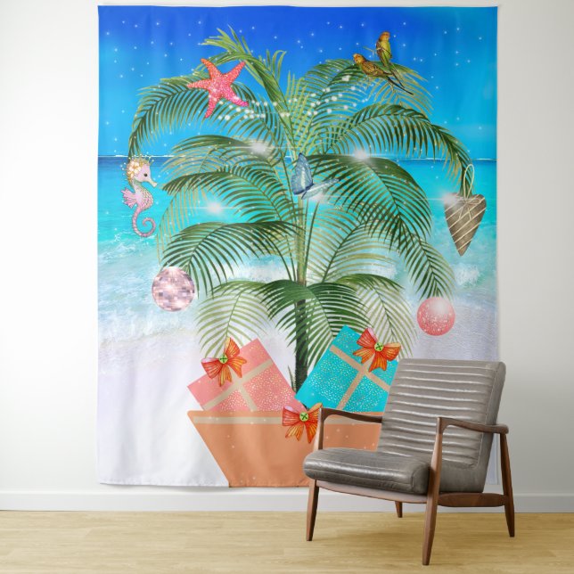 Beach Christmas Tree Ocean Decoration Decor   Tapestry (In Situ)