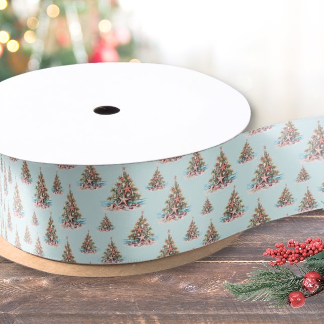 Beach Christmas Tree Pattern Satin Ribbon (Beach Shell Christmas Tree Pattern Satin Ribbon)