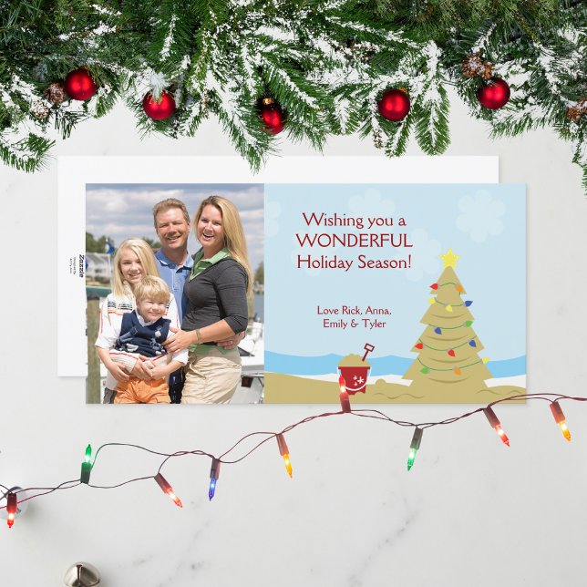 Beach Christmas Tree Sand Castle Vacation Holiday Card (Beach Christmas Holiday Photo Card)