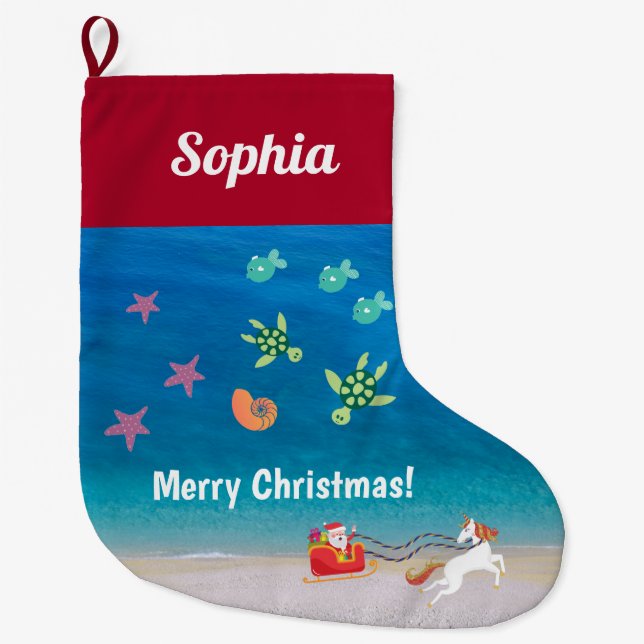 Beach Christmas Tropical Ocean Fish Santa Unicorn  Large Christmas Stocking (Front)