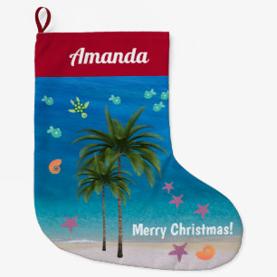 Beach Christmas Tropical Ocean Starfish Palm Trees Large Christmas Stocking