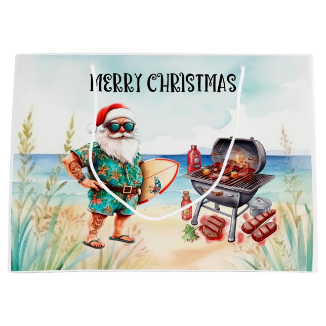 Beach Christmas with Surfer Santa Barbecue  Large Gift Bag (Front)