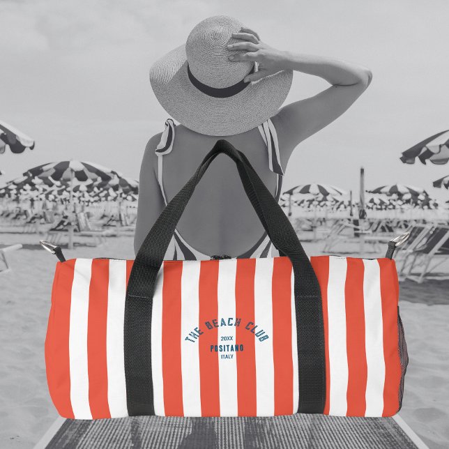 Beach Club Crest Orange Red Cabana Stripe Monogram Duffle Bag (Creator Uploaded)