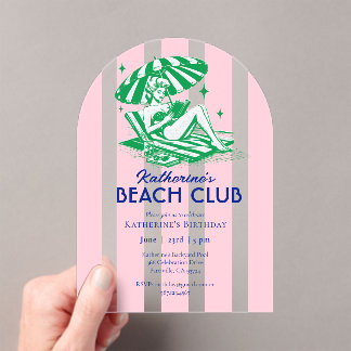 Beach Club Pink Cabana Stripe Birthday Party Acrylic Invitations