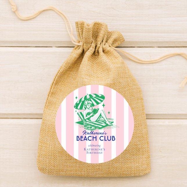 Beach Club Pink Cabana Stripe Birthday Party Classic Round Sticker (Creator Uploaded)