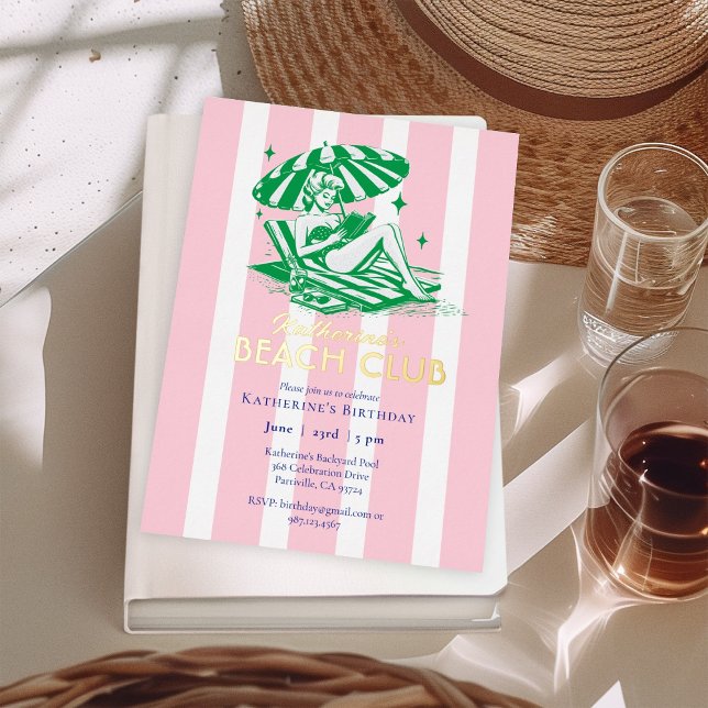 Beach Club Pink Stripes Girl Birthday Party Gold (Creator Uploaded)