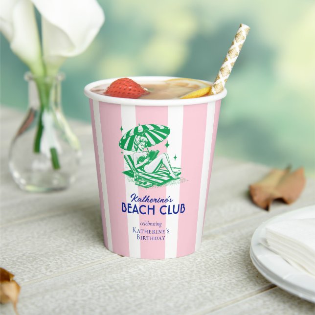 Beach Club Pink Stripes Retro Girl Birthday Party  Paper Cups (Insitu)