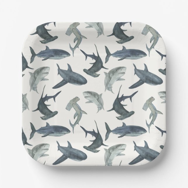 Beach Club Sharks Party Plates | Watercolor Shark  (Front)
