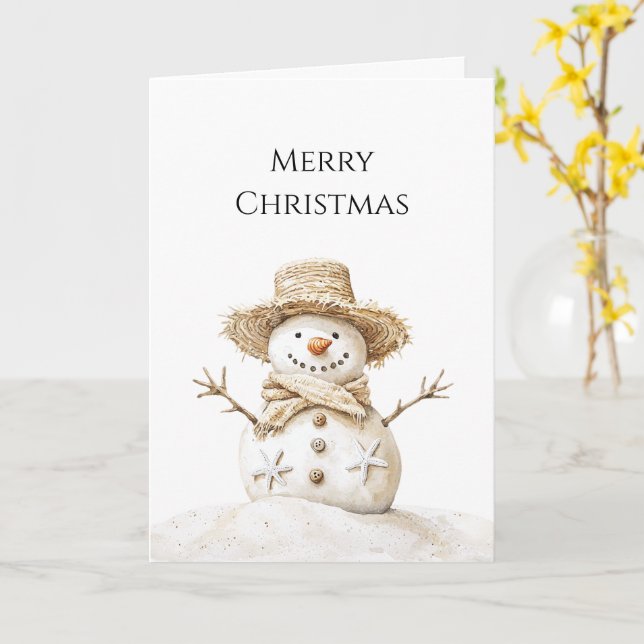 Beach Coast Snowman Christmas Card (Yellow Flower)