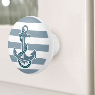 Beach Coastal Blue Stripes Ship Anchor Nautical Ceramic Knob