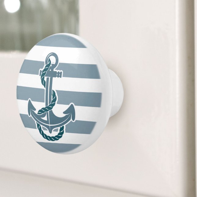 Beach Coastal Blue Stripes Ship Anchor Nautical Ceramic Knob (Beach Coastal Blue Stripes Ship Anchor Nautical Ceramic Knob)