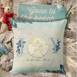 Beach Coastal Christmas Joy Sand Dollar Holly Name Cushion