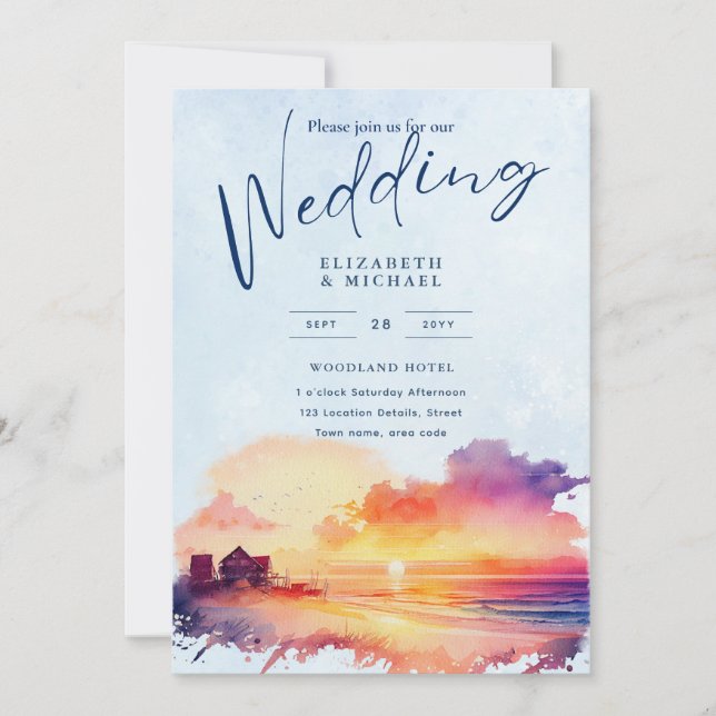  Beach Coastal Destination Sunset Tropical Wedding Invitation (Front)