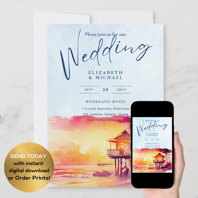  Beach Coastal Destination Sunset Tropical Wedding Invitation (Creator Uploaded)