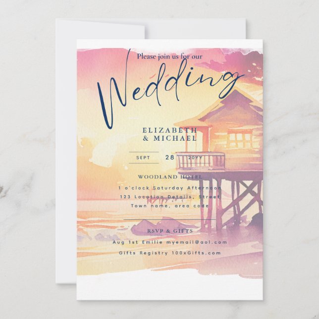  Beach Coastal Destination Sunset Tropical Wedding Invitation (Front)