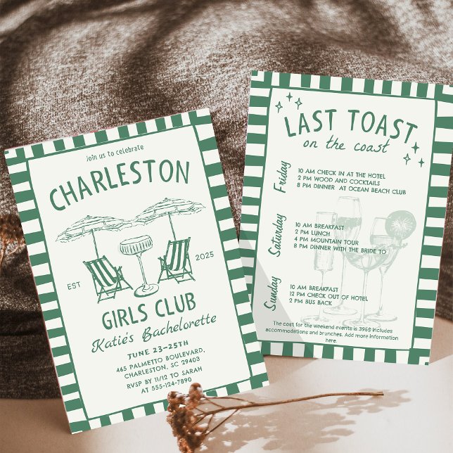 Beach Coastal Handdraw Green Bachelorette Weekend Invitation (Creator Uploaded)
