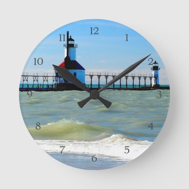 Beach Coastal Lighthouse Pier Ocean Waves Blue Sky Round Clock (Front)
