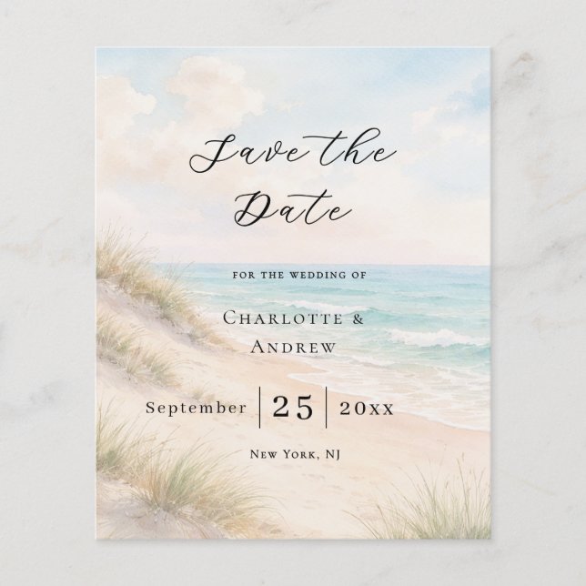 Beach coastal modern budget wedding Save the Date Flyer (Front)