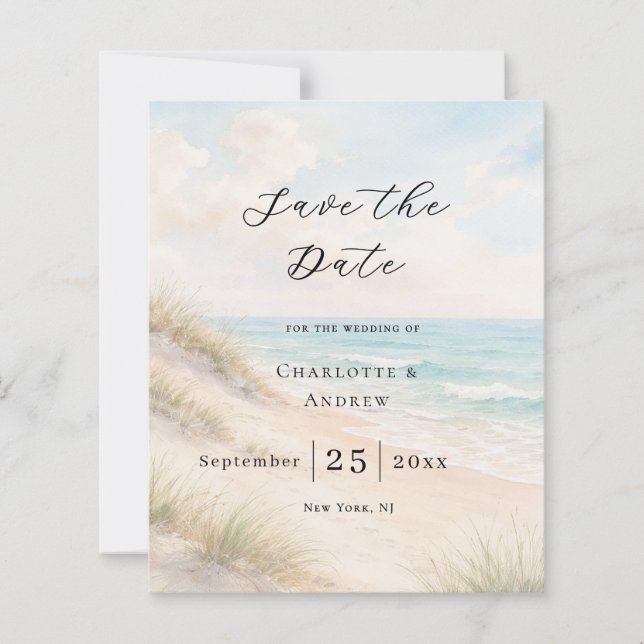 Beach coastal modern wedding Save the Date card (Front)