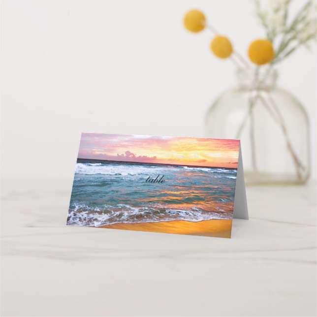 Beach Coastal Ocean Sunset Waves Wedding Place Card (Front)
