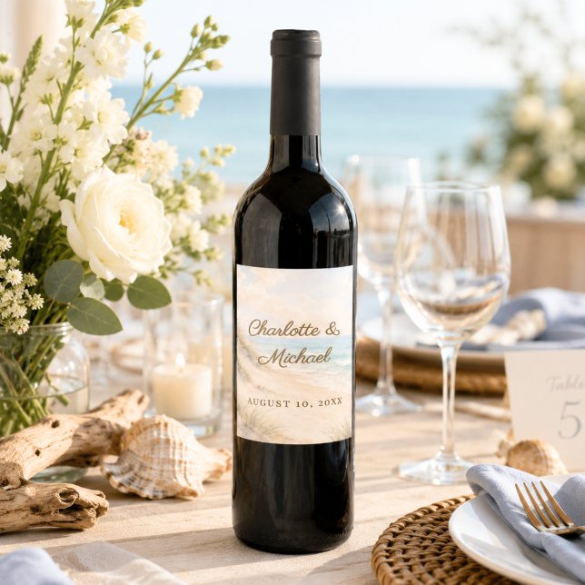 Beach coastal romantic seascape wedding wine label (Creator Uploaded)