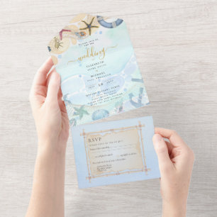 Beach Coastal Rustic Boho Wedding RSVP MENU All In One Invitation