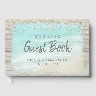 Beach Coastal Rustic Wood String Lights Wedding Guest Book