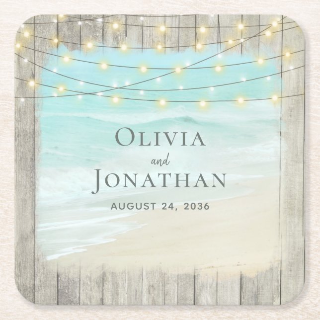 Beach Coastal Rustic Wood String Lights Wedding  Square Paper Coaster (Front)