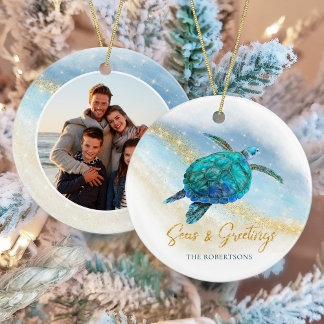 Beach Coastal Sea Turtle Seas and Greetings Photo Ceramic Tree Decoration