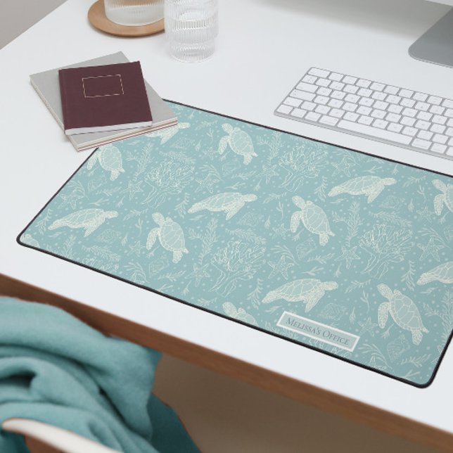 Beach Coastal Sea Turtles Coral Line Art Aqua Blue Desk Mat (Creator Uploaded)