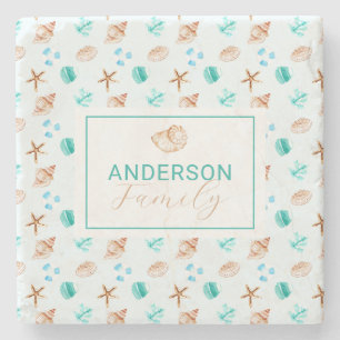 Beach Coastal Seashells Family Name Custom Stone Coaster