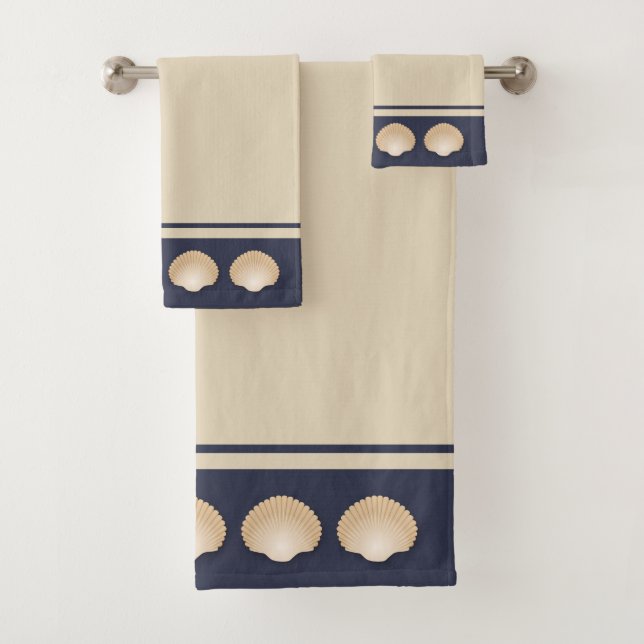 Beach Coastal Tan Seashells & Navy Bath Towel Set (Insitu)