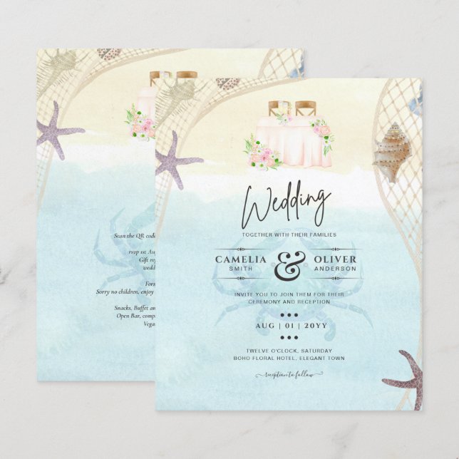 Beach Coastal Wedding Invitation Sand Ocean Life (Front/Back)