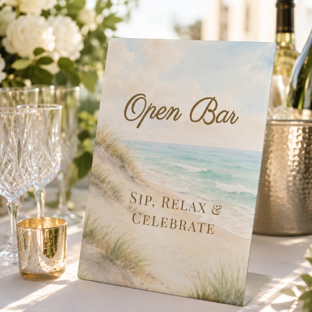 Beach coastal wedding Open Bar Pedestal Sign (Creator Uploaded)