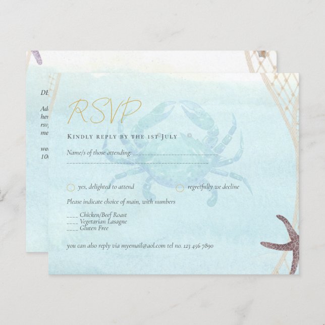 Beach Coastal Wedding RSVP ocean Life Crab (Front/Back)