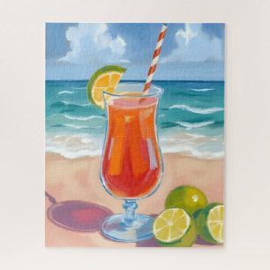 Beach Cocktail Ocean Waves Watercolor Painting Jigsaw Puzzle