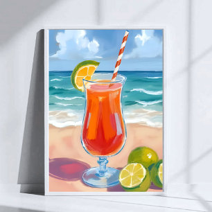 Beach Cocktail Ocean Waves Watercolor Painting Poster