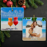 Beach Cocktails First Married Christmas Ceramic Ornament<br><div class="desc">Christmas ornament for newlywed couples. Beach themed, with two, frosty cocktails on one side, and sea view on the other. Your text over the cocktails could be your names, along with "First married Christmas", "First Christmas as Mr. & Mrs.", etc.. On the other side of this square ornament, upload a...</div>