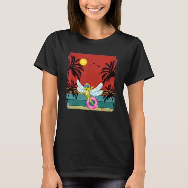 Beach Coconut Tree Retro Graphic Dragonfly  Summer T-Shirt (Front)