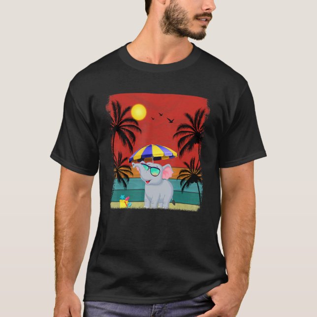Beach Coconut Tree Retro Graphic Elephant Summer T-Shirt (Front)