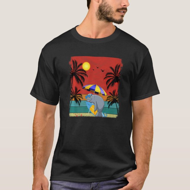 Beach Coconut Tree Retro Graphic Manatee  Summer T-Shirt (Front)