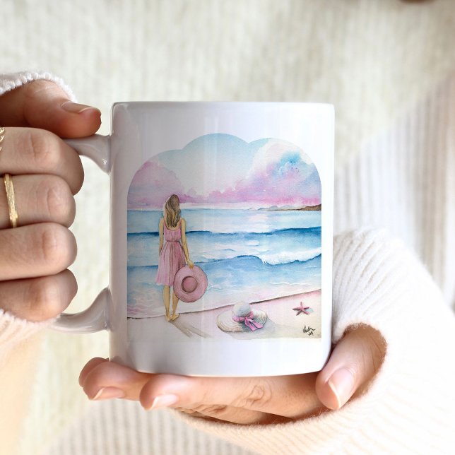 Beach Coffee Mugs - Valentine's Day Gifts for Her (beach coffee mugs watercolor shoreline art scene with woman in pink by Victoria Grigaliunas)