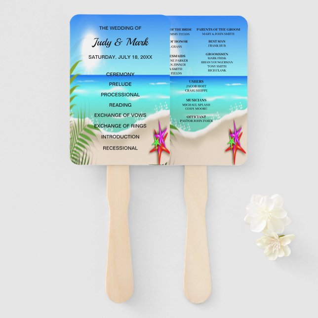 Beach Colourful Starfish Wedding Program Fans (Front and Back)