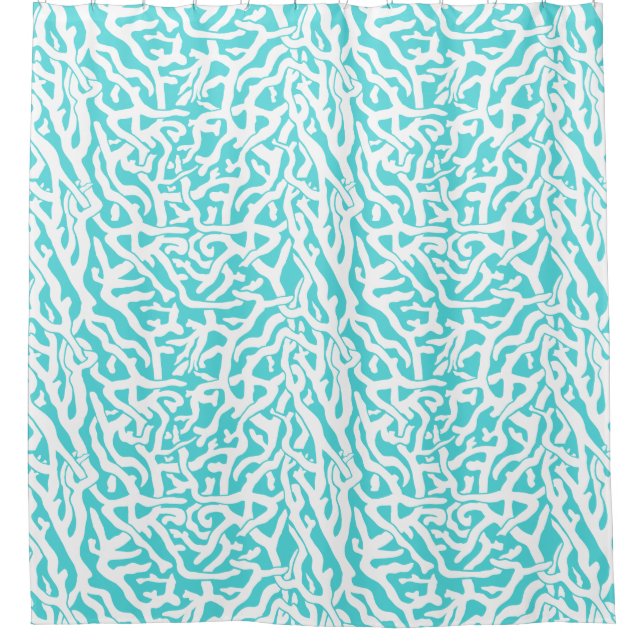 Beach Coral Reef Pattern Nautical White Aqua Blue Shower Curtain (Front)