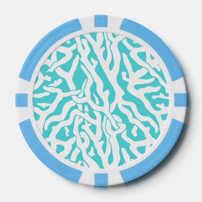 Beach Coral Reef Pattern Nautical White Blue Poker Chips (Front)